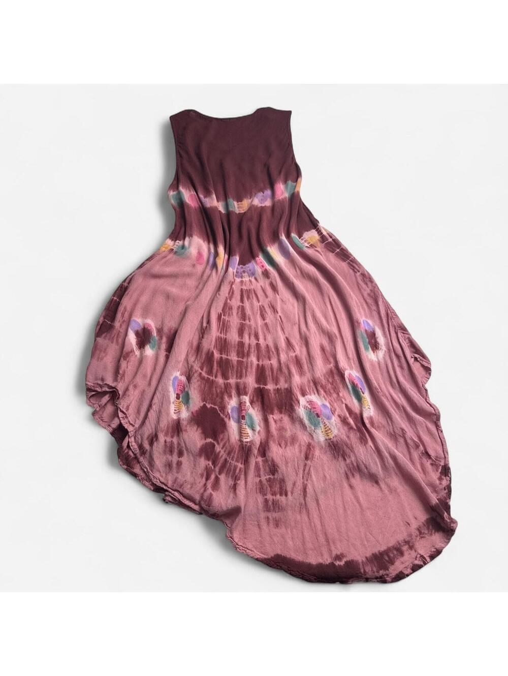 Boho Shibori Tie Dye High-Low Dress | Mauve Rose Sleeveless floral Embroidered - Picture 4 of 5